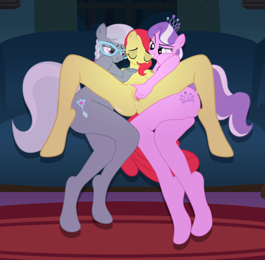 3girls anthro anus apple_bloom_(mlp) ass blue_eyes braid breast_grab breasts closed_eyes couch cum cutie_mark diamond_tiara diamond_tiara_(mlp) equine eyewear female fingering fur glasses hair horse mammal masturbation multicolored_hair multiple_girls my_little_pony nipples orgasm pillow pink_fur pink_hair pony ponytail purple_eyes purple_fur pussy pussy_juice silver_spoon smile spread_legs threesome tiara tied_hair uncensored vaginal_penetration yellow_fur yuri