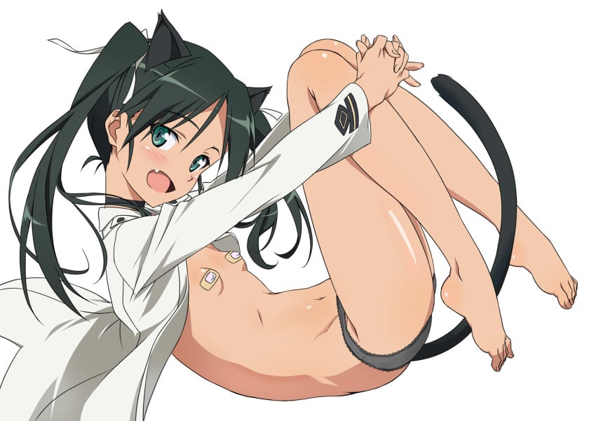 animal_ears bandaid bandaids_on_nipples barefoot black_hair black_panties blush cat_ears cat_tail clothing cute_fang feet female flat_chest francesca_lucchini green_eyes jacket looking_at_viewer magu_(syu_uhei) open_mouth panties pasties solo strike_witches tail tied_hair twintails underwear white_background