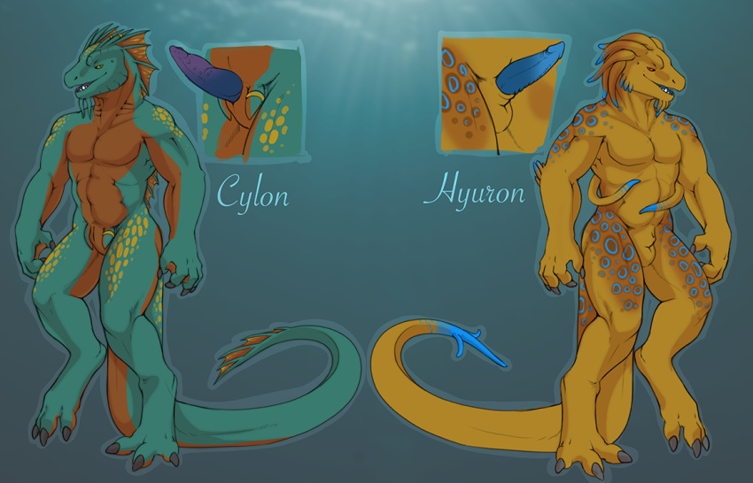 2014 anthro anthro_only balls claspers cylon digitigrade erection flaccid frills furry genital_slit half-closed_eyes male model_sheet muscles no_humans penis scalie seadragon sheath slit smile spots tail_fin teeth tendrils tojo_the_thief