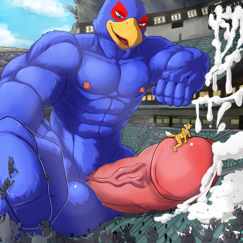 anthro avian balls big_balls canine cum dd159 destruction falco_lombardi fox_mccloud fur furry hyper hyper_balls hyper_penis macro male male_only mammal multiple_males nintendo penis stadium star_fox uncensored video_games yaoi