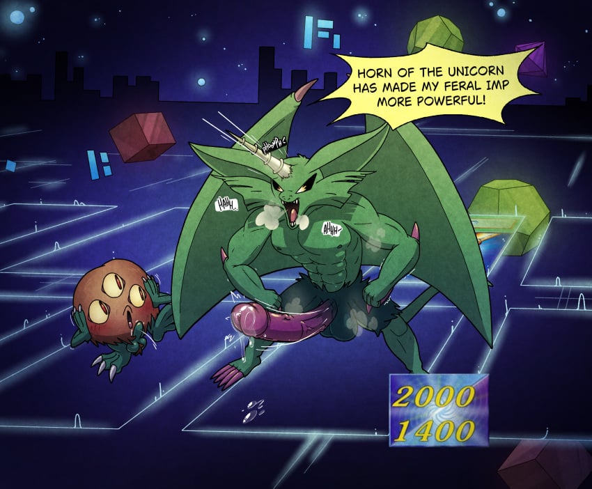 abs argon_vile arm_spikes ball_tuft blush bodily_fluids breath breath_poof brown_body brown_fur claws duel_monster elbow_spikes english_text feral_imp_(yu-gi-oh) fur furry_body furry_legs genital_fluids genital_growth genitals growth hands_on_own_face hi_res horn horn_growth imp male male/male muscle_growth muscular musk musky_balls musky_body nipples open_mouth panting penis penis_growth pubes sangan_(yu-gi-oh) solo_focus spikes spikes_(anatomy) surprised tail teeth text tuft vein veiny_penis wing_spikes wings yu-gi-oh!