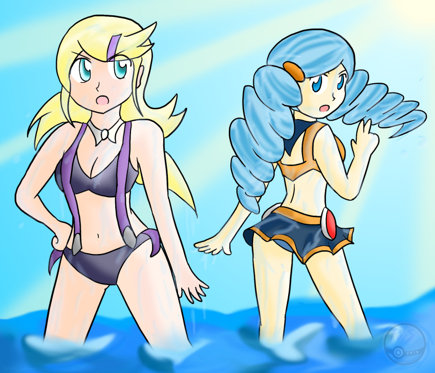 2girls ace_trainer_(pokemon) ace_trainer_(pokemon_bw) ace_trainer_(pokemon_xy) astrid_(pokemon) bikini blonde_hair blue_hair female female_only hand_on_head multiple_girls nintendo npc_trainer partially_submerged pokemon pokemon_bw pokemon_xy stomach swimsuit water xero-j