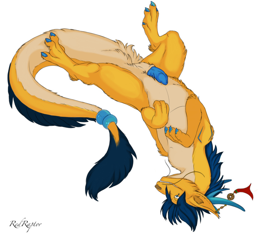 2013 blue_penis chinese_dragon digitigrade dragon feral fur grin half-erect horn looking_at_viewer lying male on_back penis plain_background redraptor16 sheath solo taoryu whiskers white_background yellow_fur