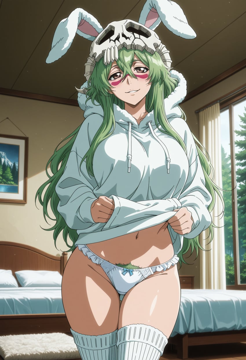 1girl 2d absurd_resolution absurdres adult ai ai-created ai_art ai_generated animal_hood anime anime_coloring anime_screenshot bare_thighs bed bedroom bleach bleach:_the_thousand-year_blood_war blush bow_panties clitoris clock clothed_breasts crotch_focus curvy detailed_background digital_art dynamic_angle dynamic_pose exhibitionism exibitionism exited explicit eyelashes face_markings foreshortening frilled_panties from_below furniture glossy glossy_body glossy_skin gorgeous green_hair grey_eyes hair_between_eyes hairy hairy_pussy half-closed_eyes hentai hi_res high_contrast high_quality high_resolution highres hollow_mask hood hood_up hoodie horns huge_breasts in_heat indoors large_breasts legs_apart long_hair long_sleeves looking_at_viewer looking_down low_angle mask_on_head nelliel_tu_odelschwanck night no_pants nsfw oversized_clothes panties pantyshot patreon perfect_anatomy perspective pervert_female picture_frame pillow plump presenting pubic_hair rabbit_ears rating_explicit sexy sexy_body sexy_female sexy_pose sitting sitting_on_floor skull_mask smile smirk soft_shading solo source_anime striped_thighhighs teasing teasing_viewer thick_thighs thigh_focus thighhighs underwear vagina voluptuous voluptuous_body voluptuous_female white_thighhighs wide_hips window wooden_floor