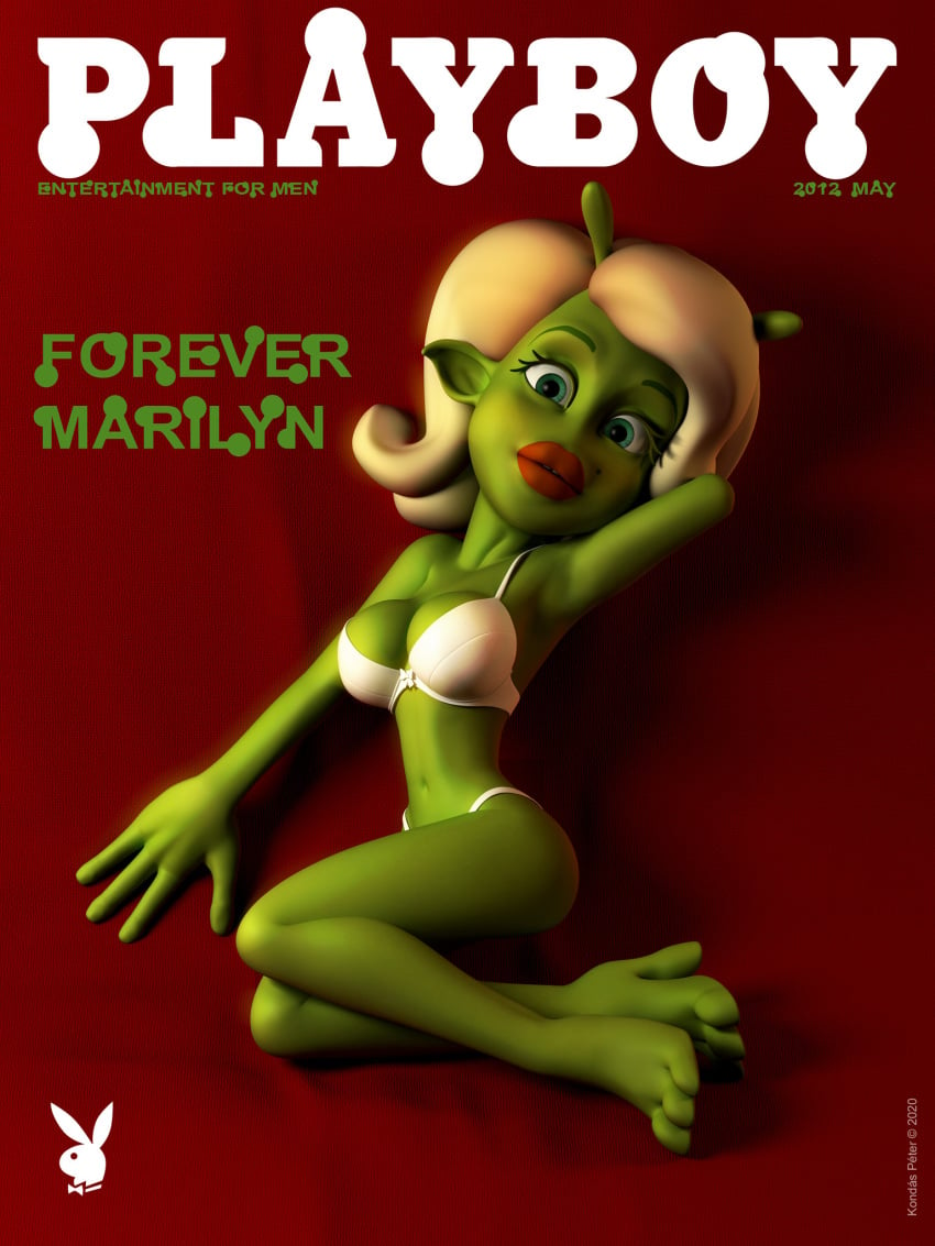 1girls 3d alien alien_girl artist_name bare_shoulders barefoot beauty_mark big_breasts busty curvy detailed_background english_text eyelashes female female_only front_view green_eyes green_skin holding_object hourglass_figure humanoid kondaspeter lingerie lipstick looking_at_viewer lying magazine_cover makeup marilyn_(planet_51) midriff mole planet_51 playboy pose posing red_lipstick room shadow shiny shiny_skin solo thick_lips tree voluptuous white_hair wide_hips