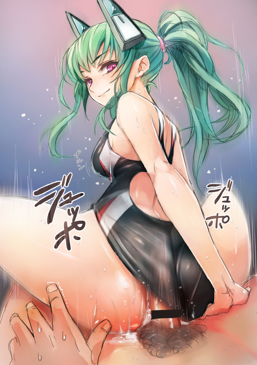 1boy absurdres ass bar_censor blush breasts buttjob censored competition_swimsuit cum cum_on_ass female green_hair headgear highres looking_back one-piece_swimsuit original penis ponytail pubic_hair purple_eyes short_hair smile swimsuit taishi_(artist) text tied_hair translation_request