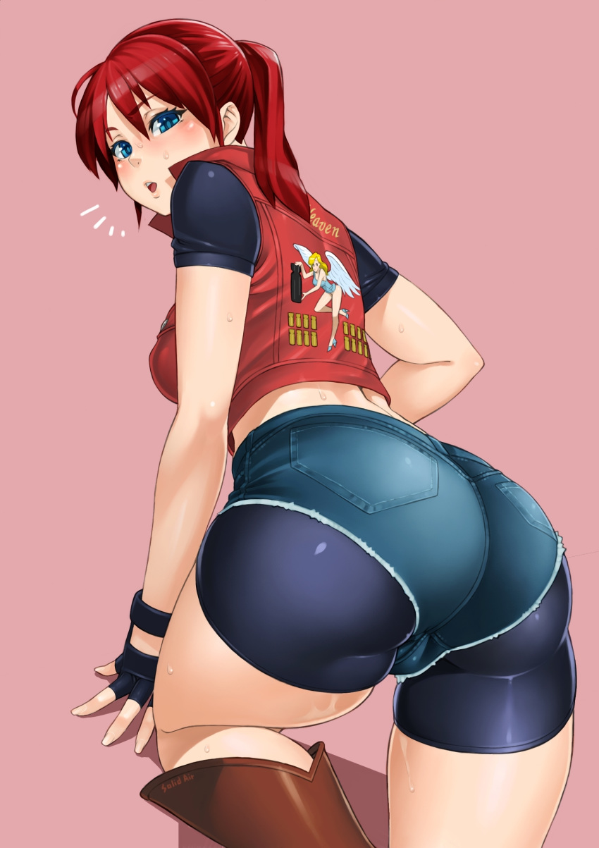 1girls :o arched_back arm_support ass back_view bike_shorts blue_eyes boots capcom claire_redfield denim_shorts female female_only fingerless_gloves gloves highres huge_ass jacket looking_at_viewer looking_back parted_lips pink_background ponytail red_hair resident_evil resident_evil_2 short_hair short_shorts shorts simple_background solo spandex spats sweat sweatdrop thighs tied_hair vest zonda_(solid_air)