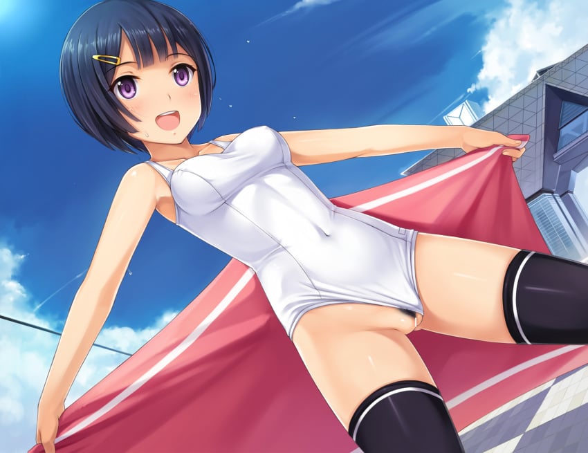 black_hair censored dutch_angle female hair_ornament hairpin highres innie_pussy navel one-piece_swimsuit original pubic_hair purple_eyes pussy school_swimsuit short_hair solo spread_legs standing swimsuit swimsuit_aside thighhighs tokyo_big_sight towel white_school_swimsuit white_swimsuit yokaze_japan