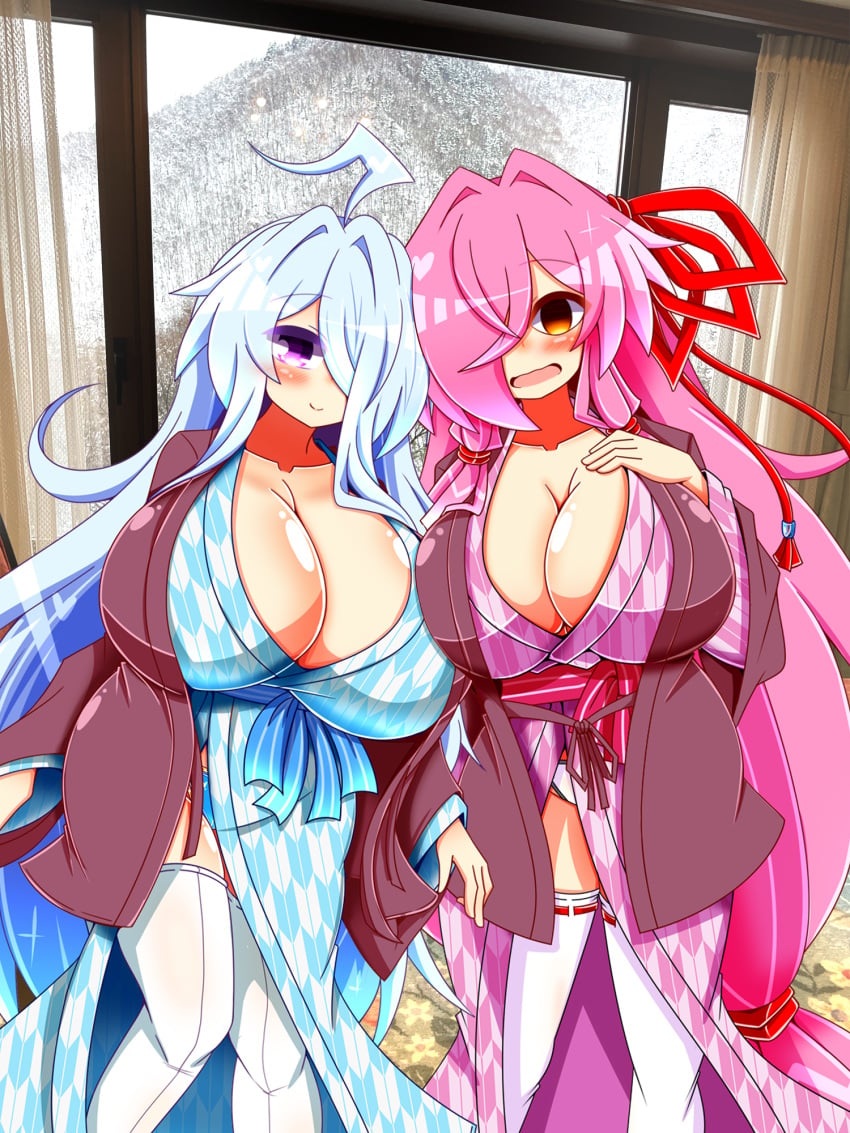 2girls big_breasts blush breasts breasts_bigger_than_head gigantic_breasts grey_hair hair_over_one_eye hi_res highres huge_breasts kimono kotonoha_akane large_breasts looking_back mei_(2b213) open_mouth pink_hair pov purple_eyes red_eyes rindou_(p41neko) smile stockings voiceroid