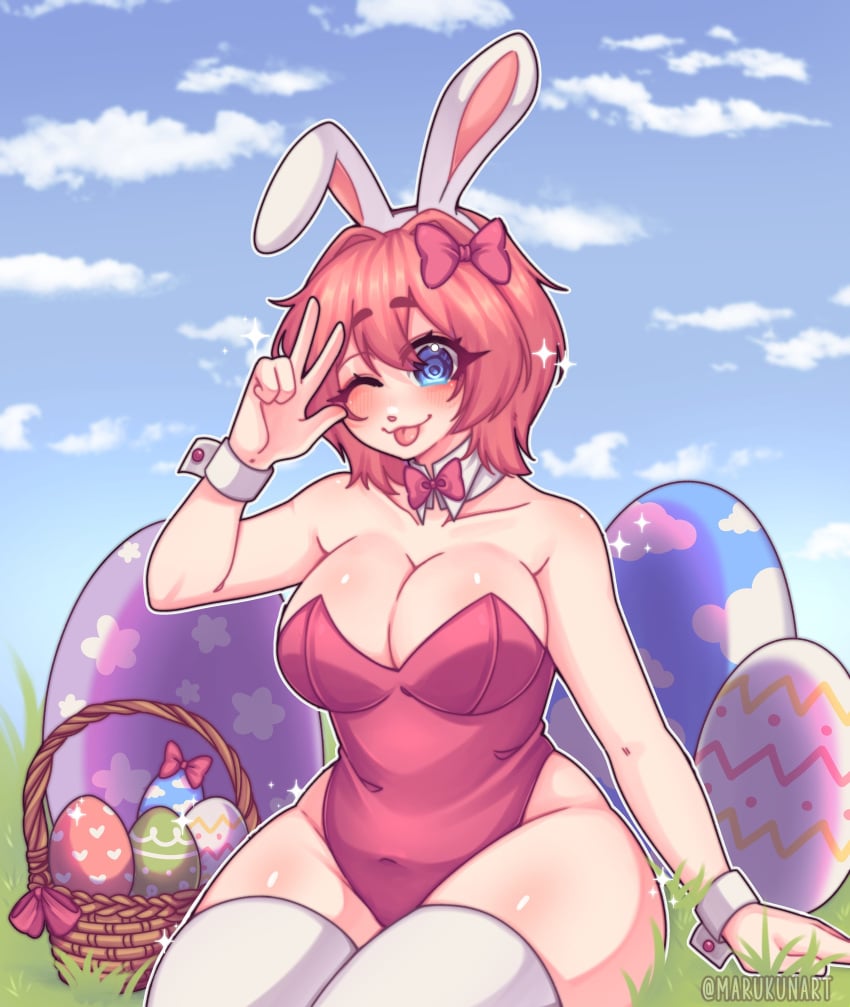 1girls 5_fingers bare_shoulders big_breasts blep blue_eyes bow bowtie bowtie_collar breasts bunny_ears bunnysuit cleavage collar doki_doki_literature_club easter easter_eggs egg egg_basket eggs female_focus hair_bow hairbow marukunart one_eye_closed red_bow sayori_(doki_doki_literature_club) thick_thighs thighs tongue tongue_out