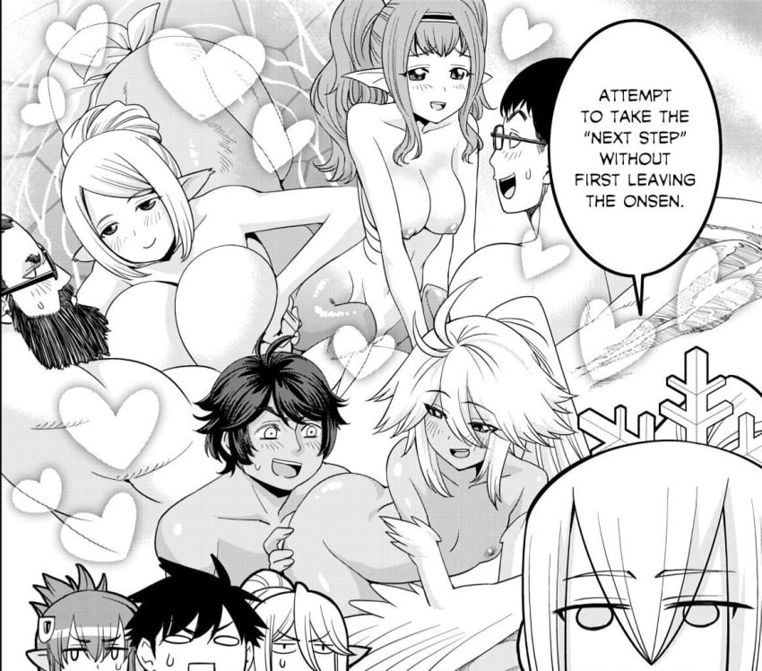 3boys 4girls centaur centauress centorea_shianus completely_nude harpy harpy_girl human_on_monster imminent_sex kimihito_kurusu kurusu_kimihito manga_page mermaid mermaid_girl miia_(monster_musume) monster_girl monster_musume_no_iru_nichijou nipples okayado onsen paizuri tagme yukio_(monster_musume)