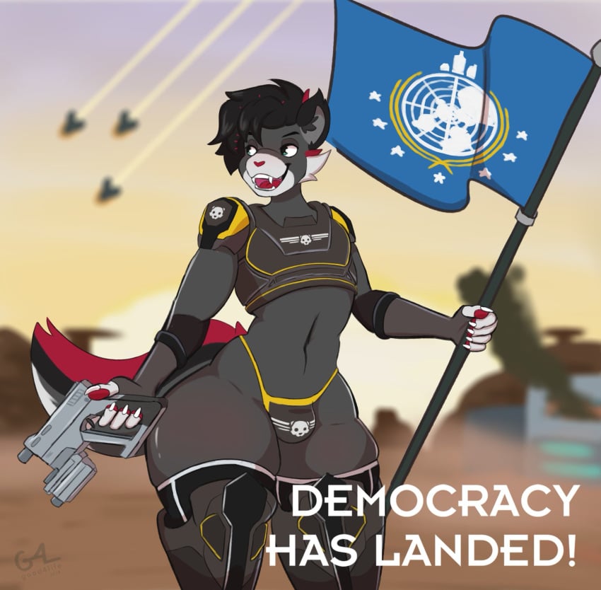 anthro big_tail black_hair domestic_cat felid feline felis flag flag_(object) fur good4life4ever gun hair handgun happy helldivers hi_res male mammal pistol ranged_weapon skimpy_bottomwear solo tail thick_thighs trameel_giovanni weapon