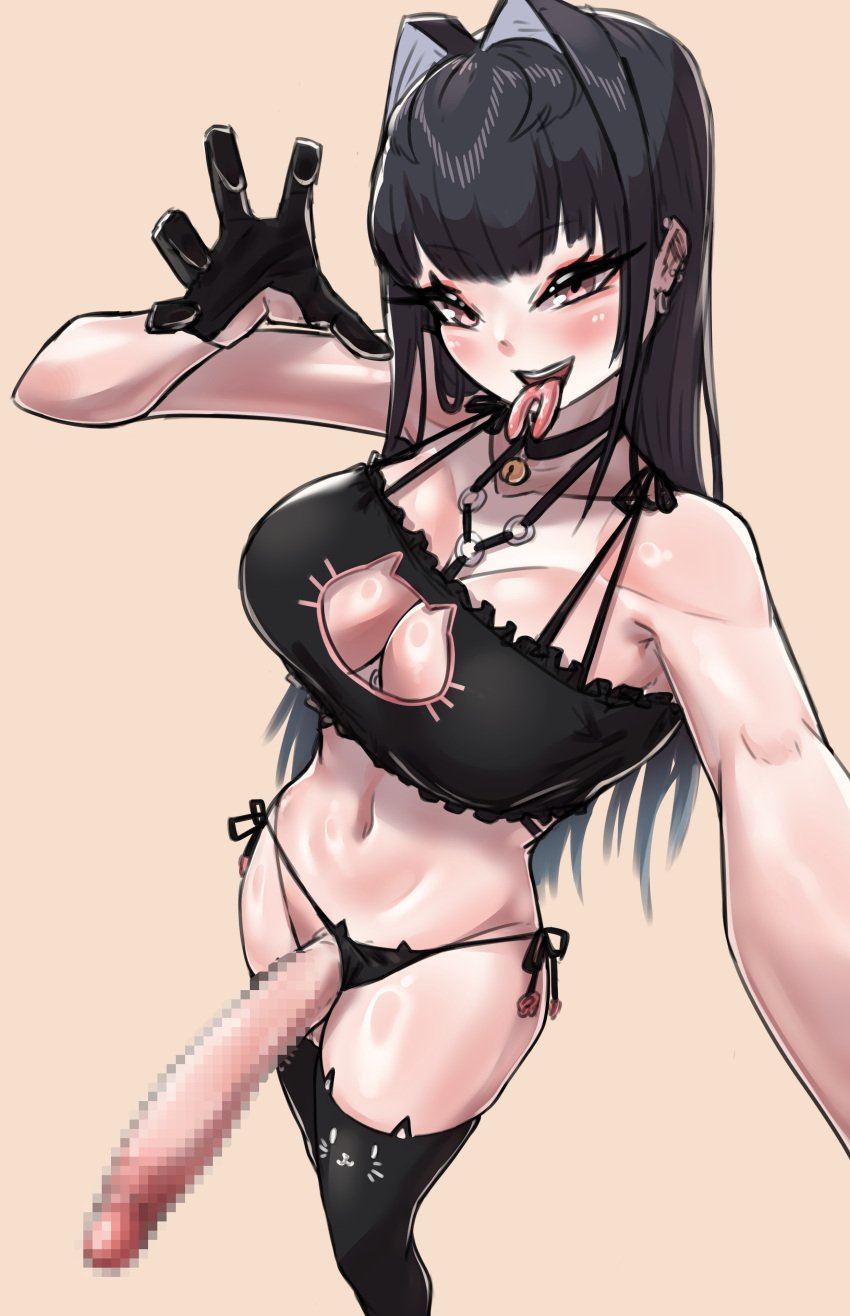 1futa balls big_breasts big_penis black_hair breasts cat_lingerie cat_thighighs choker clothed clothing erection forked_tongue futa_only futanari gloves high-angle_view huge_cock human light-skinned_futanari light_skin lingerie mostly_nude penis ppangkkaru selfie solo split_tongue standing tongue_out