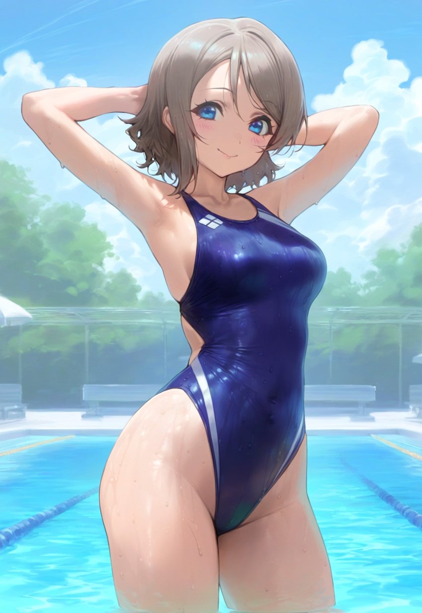 ai_generated ass blue_eyes breasts brown_hair competition_swimsuit female love_live! love_live!_sunshine!! one-piece_swimsuit short_hair swimsuit thighs watanabe_you wet