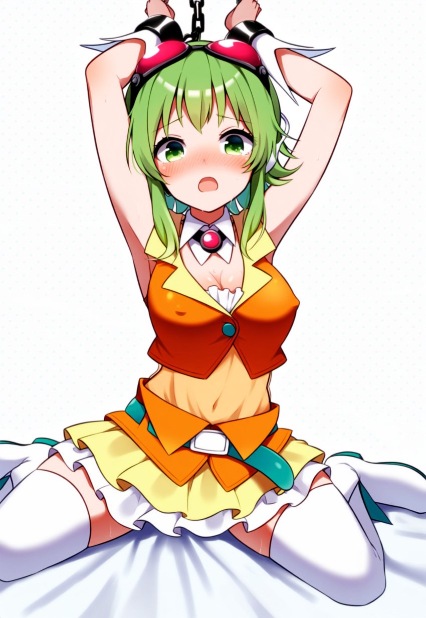 1girls ai_generated armpits arms_up bangs bed_sheet belt blush bondage bondage boots bound bound_wrists breasts brooch chains cleavage covered_navel crop_top crying detached_collar female female_only frilled_skirt frills goggles goggles_on_head green_eyes green_hair gumi headphones jewelry layered_skirt looking_at_viewer medium_breasts midriff milua miniskirt navel nose_blush novelai open_mouth orange_shirt orange_skirt red-tinted_eyewear restrained see-through self_upload shirt short_hair_with_long_locks sidelocks simple_background sitting skirt sleeveless sleeveless_shirt solo solo_female spread_legs tearing_up tears thigh_boots thighhighs tinted_eyewear vocaloid wariza white_background white_footwear white_thighhighs wrist_cuffs zettai_ryouiki