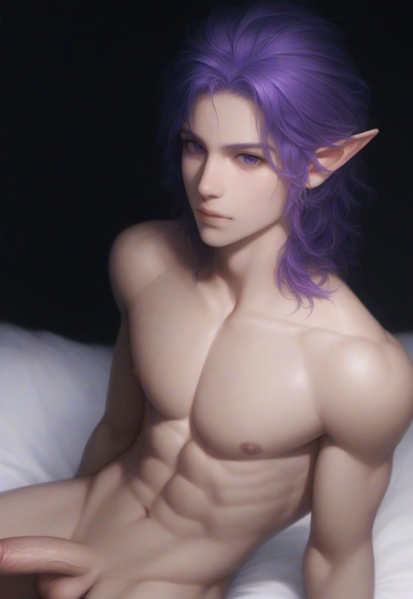 1boy 1male abs ai_generated balls bed elf elf_ears elf_male epic_fantasy_whore erection looking_at_viewer male male_nipples male_only muscular muscular_male nai_diffusion nude nude_male on_bed original_character pecs penis pointy_ears purple_hair shoulder_length_hair sitting sitting_on_bed solo solo_male