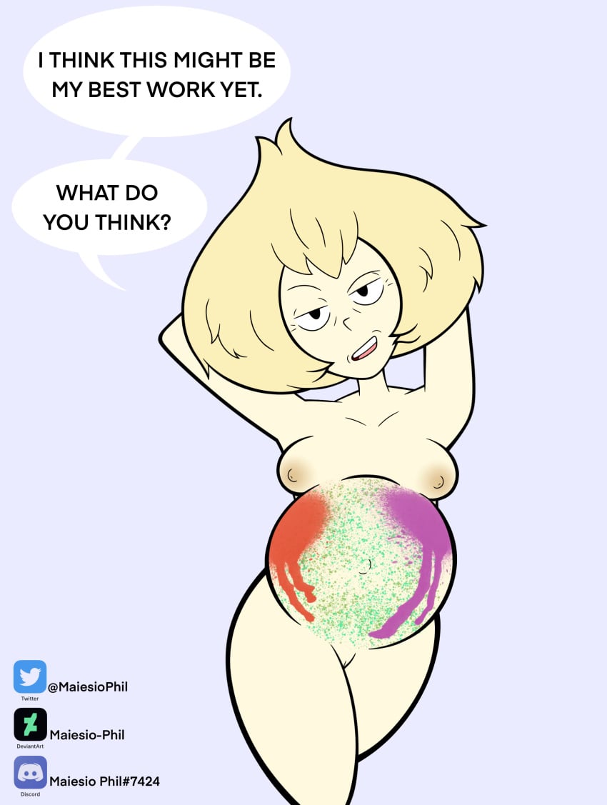 1girls blonde_hair body_paint breasts dialogue female maiesio_phil mature_female milf mother nipples nude pregnant pussy solo steven_universe text vidalia_(steven_universe)