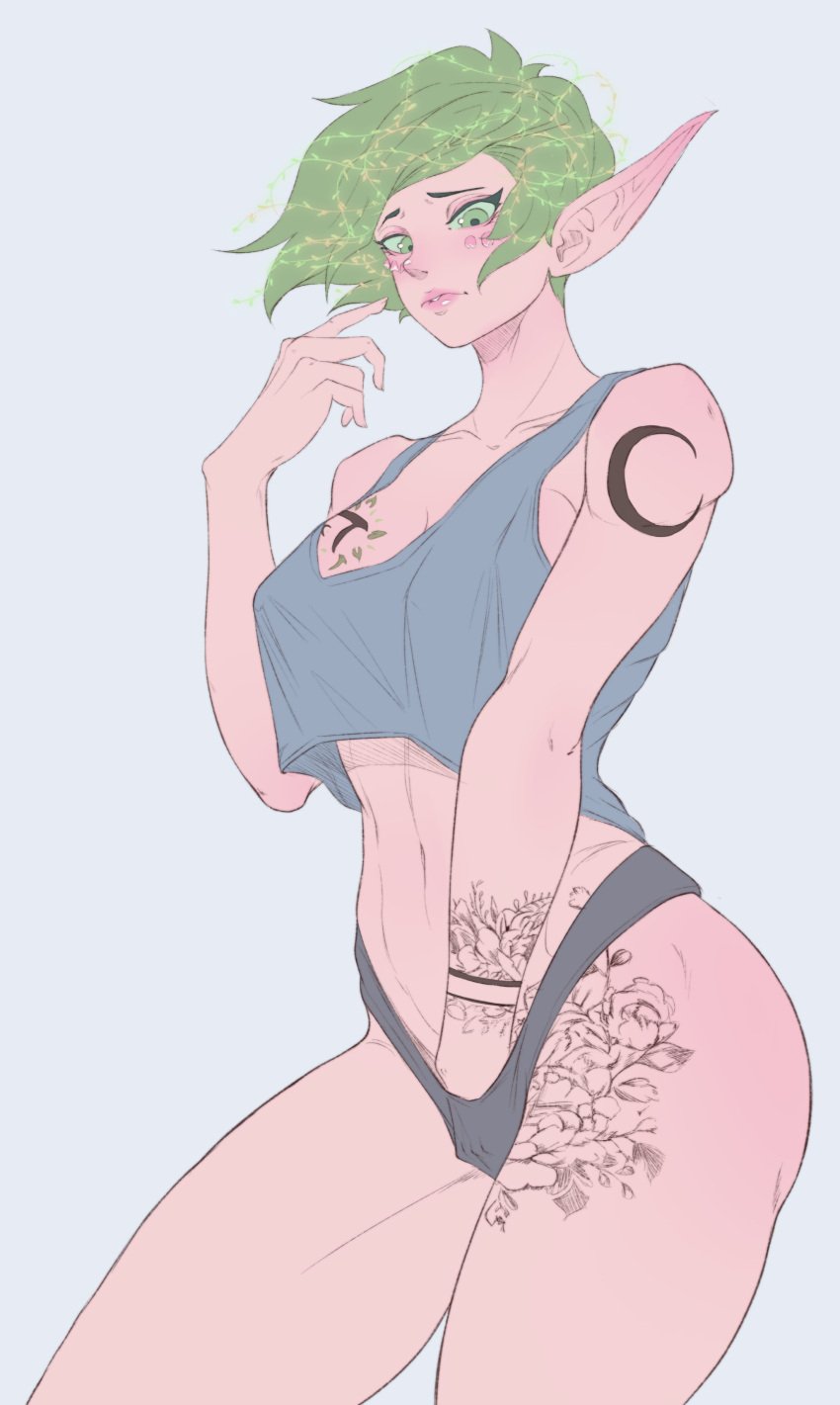 breasts crop_top dungeons_and_dragons eladrin elf elf_ears elf_female green_eyes green_hair masturbation original_character panties pink_skin rithaea self_pleasure tattoo tattoos