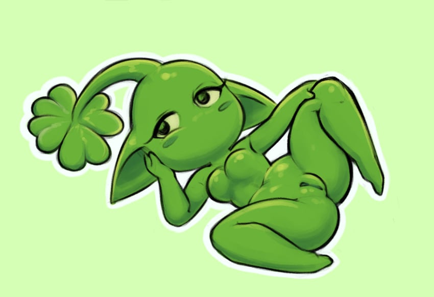 2024 antennae_(anatomy) ass big_ears breasts clitoris clover_(plant) clover_leaf cunty_clover_pikmin elemental_creature eyelashes featureless_breasts female flora_fauna genitals green_body green_eyes green_skin hand_on_cheek hand_on_leg hi_res humanoid humanoid_pointy_ears leaf looking_aside lying nintendo on_side pikmin pikmin_(species) plant plump_labia pussy raised_leg seductive soff_doll solo spread_legs spreading tagme