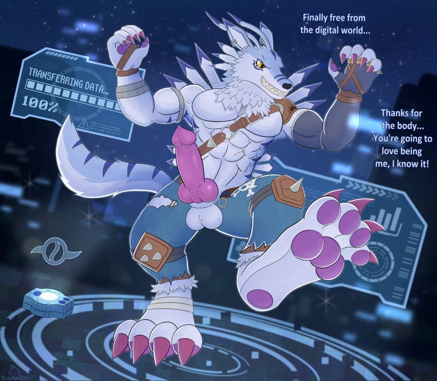 absurd_res after_transformation animal_genitalia animal_penis anthro bandai_namco blueauradog canid canine canine_genitalia canine_penis dialogue digimon digimon_(species) digivice genitals growth hi_res knot male mammal muscle_growth muscular muscular_male pawpads penis possession solo transformation weregarurumon