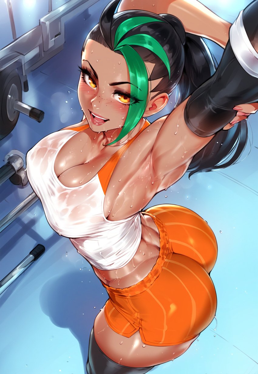 1girls ai_generated armpits ass big_ass breasts cleavage curvy curvy_figure female fit_female game_freak gym gym_shorts gym_uniform happy looking_at_viewer nemona_(pokemon) nintendo novelai open_mouth pokemon pokemon_sv ponytail shorts solo solo_female solo_focus stretching sweat sweaty sweaty_body sweaty_breasts tight_clothing twitwit white_shirt yellow_eyes