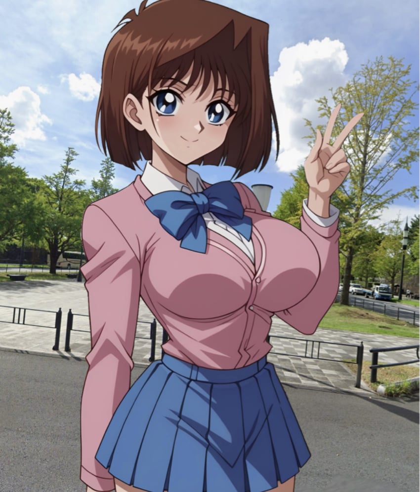 1girls ai_generated big_breasts blue_bow blue_eyes blue_skirt brown_hair paulinebabe peace_sign pink_jacket tea_gardner yu-gi-oh!