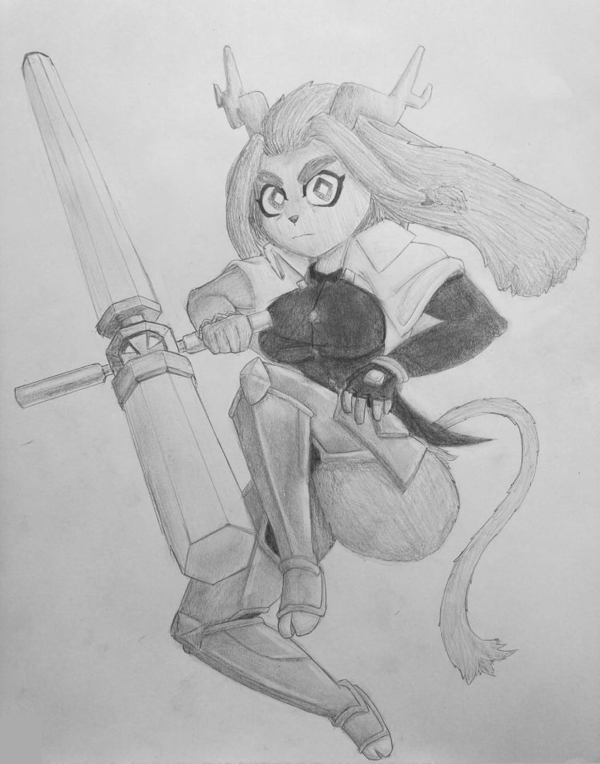 action_pose anthro anthro_only anthrofied antlers black_and_white furry furry_female furry_only hivequeenvespa_(artist) holding_object holding_weapon jumping looking_at_viewer pseudoregalia sybil_(pseudoregalia) traditional_art traditional_drawing_(artwork) traditional_media traditional_media_(artwork) weapon