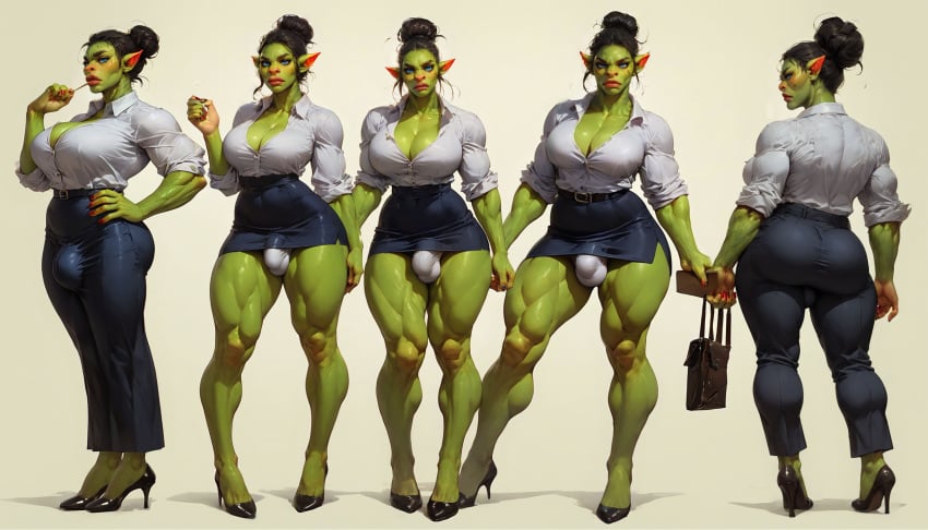 ai_generated ass blouse bulge character_sheet cleavage futanari goblinenthusiast green_skin hairbun heels highres large_breasts muscular muscular_futanari muscular_thighs office_clothing office_lady orc orc_futanari pencil_skirt pointy_ears self_upload thick_thighs