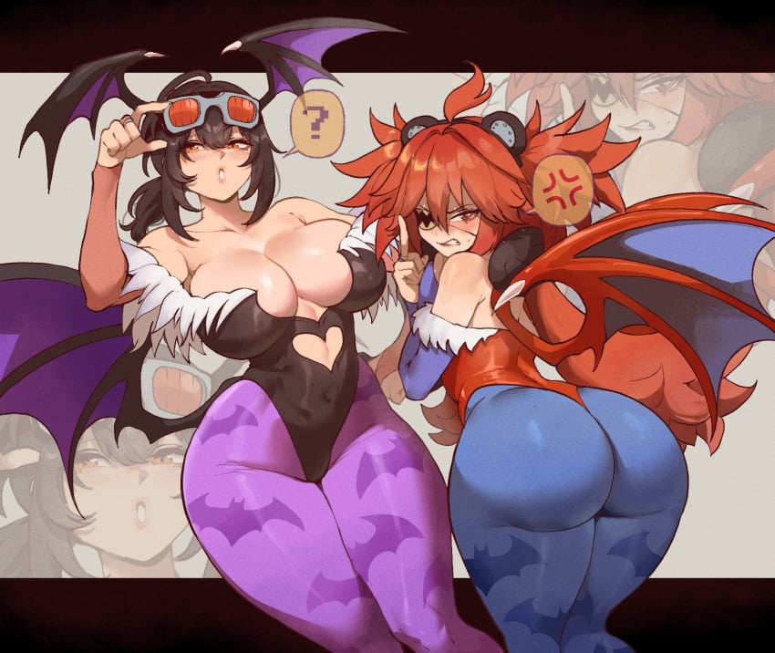 2girls ? anger_vein angry animal_print ass bat_print bat_symbol big_ass big_breasts black_hair blue_pantyhose breasts capcom clenched_teeth cosplay darkstalkers eyepatch female female_only flipping_off fully_clothed goggles goggles_on_head grace_howard head_wings hi_res huge_ass huge_breasts koleda_belobog large_ass large_breasts leotard lilith_aensland_(cosplay) long_hair middle_finger morrigan_aensland_(cosplay) multiple_girls orange_eyes pantyhose purple_pantyhose red_hair succubus_wings sweat sweatdrop thiccwithaq thick_ass thick_thighs thighs wings zenless_zone_zero