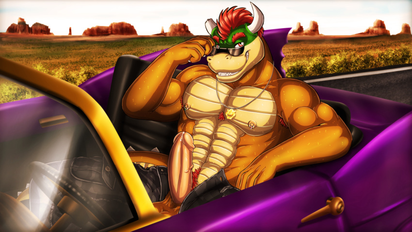 balls car clothing dream_and_nightmare erection eyewear koopa male male_only mario_(series) nintendo nipple_piercing nipples open_pants outside pants penis piercing scalie shax_koopa solo sunglasses vehicle vein