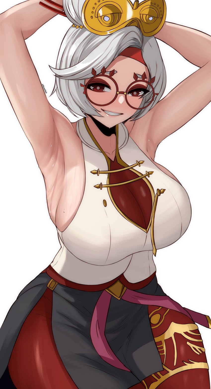 1girls absurdres armpits arms_up black_skirt breasts edmun6969 eyeshadow female glasses goggles goggles_on_head grin highres large_breasts looking_at_viewer makeup mole mole_on_breast nintendo pantyhose purah purah_(tears_of_the_kingdom) red-framed_eyewear red_eyes red_eyeshadow red_pantyhose round_eyewear shirt side_slit simple_background skirt sleeveless sleeveless_shirt smile solo sweat tears_of_the_kingdom the_legend_of_zelda the_legend_of_zelda:_tears_of_the_kingdom white_background white_hair