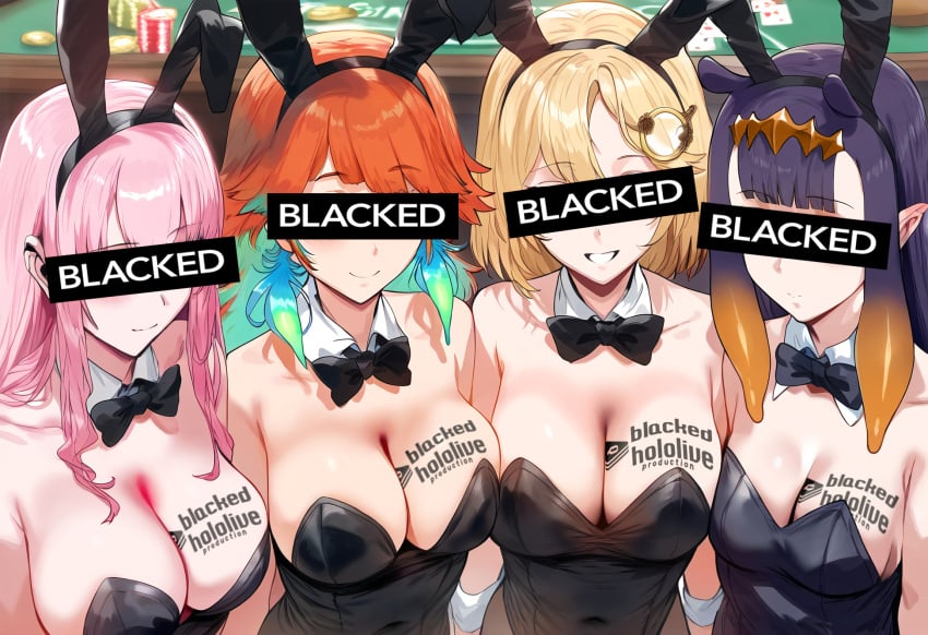 4girls ai_generated asian_female asian_girl blacked blonde_hair bnwo breasts bunny_ears bunnysuit casino cleavage female himeno hololive hololive_english hololive_myth large_breasts latina_female long_hair looking_at_viewer multiple_girls ninomae_ina&#039;nis orange_hair pawg pink_hair raceplay short_hair smile takanashi_kiara virtual_youtuber vtuber watson_amelia white_female