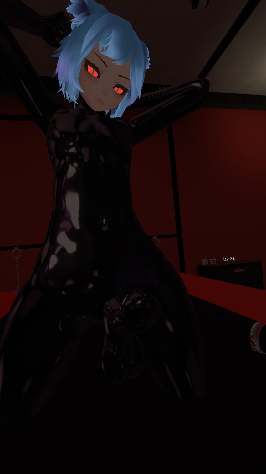 3d_model big_penis blue_hair blueysenpai cock cock_out erection femboy latex latex_suit naked red_eyes solo throbbing_penis virtual_reality vr vrchat vrchat_avatar