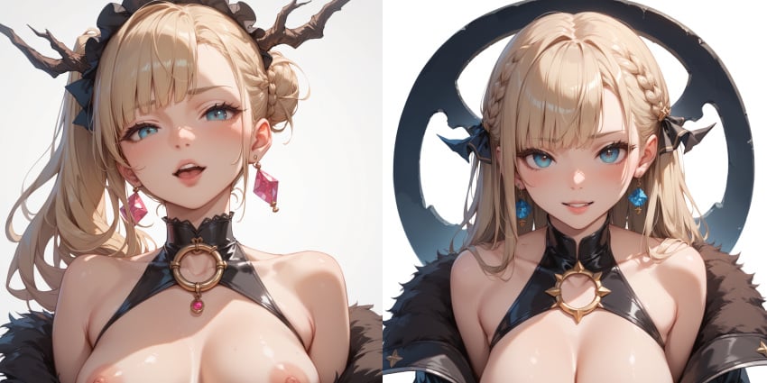 2024 2girls ai_generated big_breasts blonde_hair blue_earrings blue_eyes breasts cropped demon kxy original original_character red_earrings side-by-side sisters upscaled wallpaper