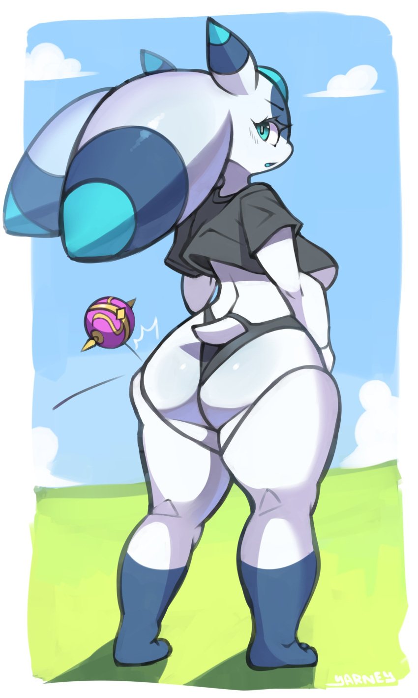 1girls anthro artyarney ass big_ass big_breasts big_thighs blue_eyes breasts butt female female_focus female_only huge_ass huge_thighs looking_at_viewer lunaris_(pal) non-mammal_breasts pal_(species) palworld panties robot robot_girl shirt solo tagme thick_hips thick_thighs thighs white_body