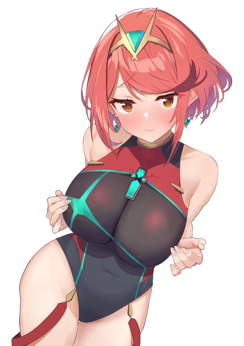 1girls bare_shoulders black_one-piece_swimsuit blush breasts chest_jewel competition_swimsuit covered_navel earrings female gem headpiece highres jewelry large_breasts looking_at_viewer one-piece_swimsuit pyra red_eyes red_hair short_hair solo swept_bangs swimsuit tiara xenoblade_chronicles_(series) xenoblade_chronicles_2