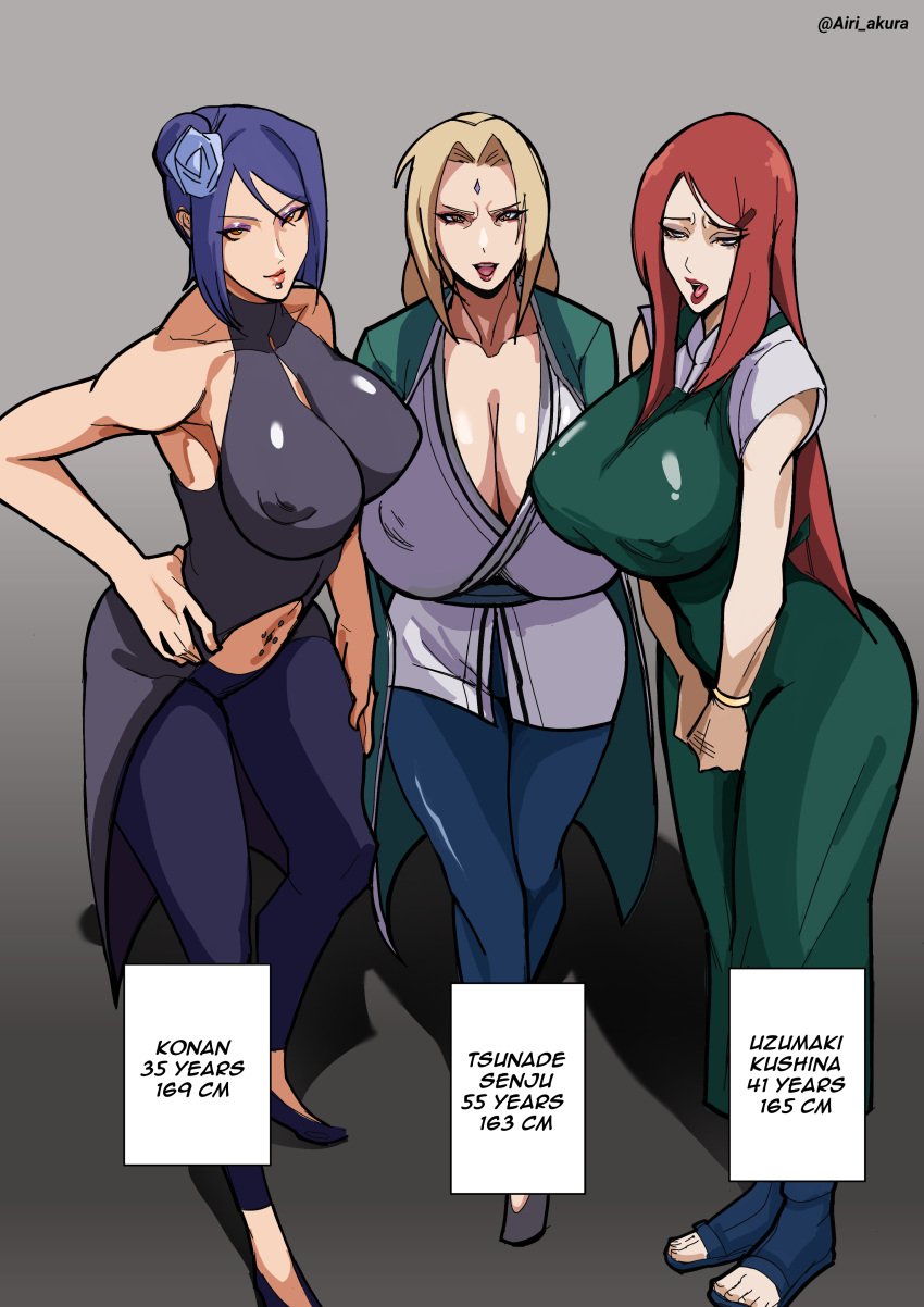 3girls airi_akura apron big_areola big_ass big_breasts big_nipples bodysuit boruto:_naruto_next_generations giantess hokage konan large_breasts milf milfs naruto naruto:_the_last naruto_(classic) naruto_(series) naruto_shippuden purple_hair red_hair robe seductive_eyes seductive_look seductive_smile sex slave trio tsunade uzumaki_kushina yellow_hair