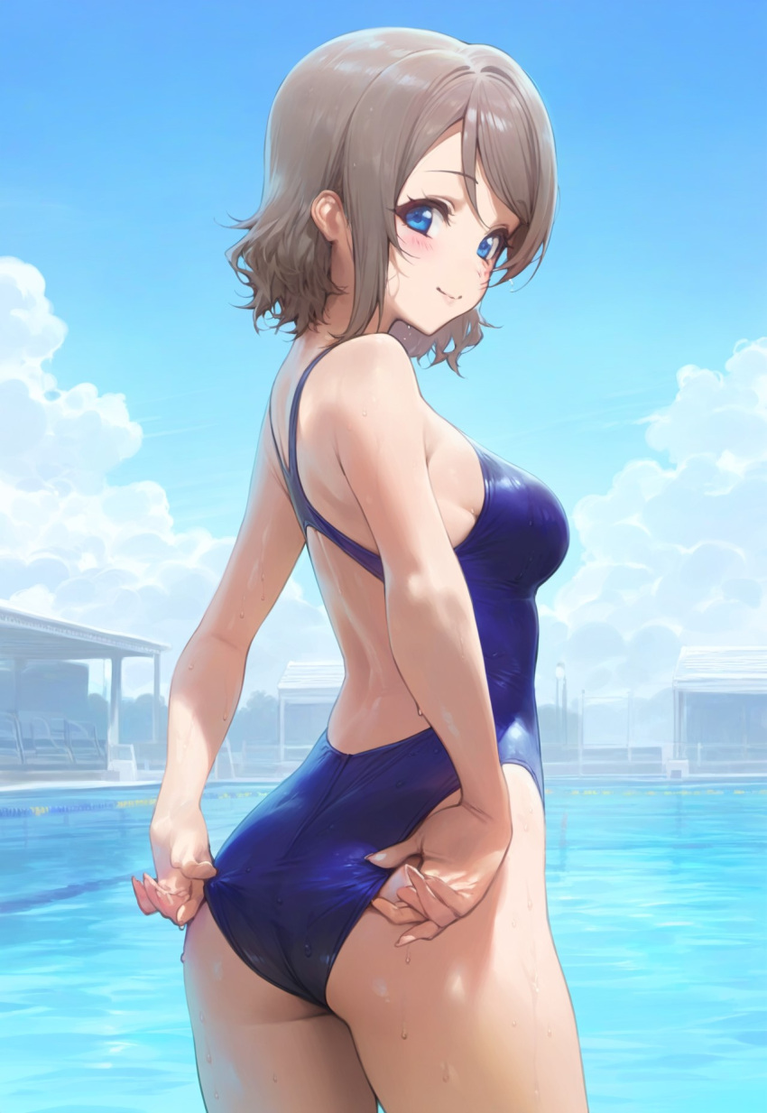 ai_generated ass blue_eyes breasts brown_hair competition_swimsuit female love_live! love_live!_sunshine!! one-piece_swimsuit short_hair swimsuit thighs watanabe_you wet