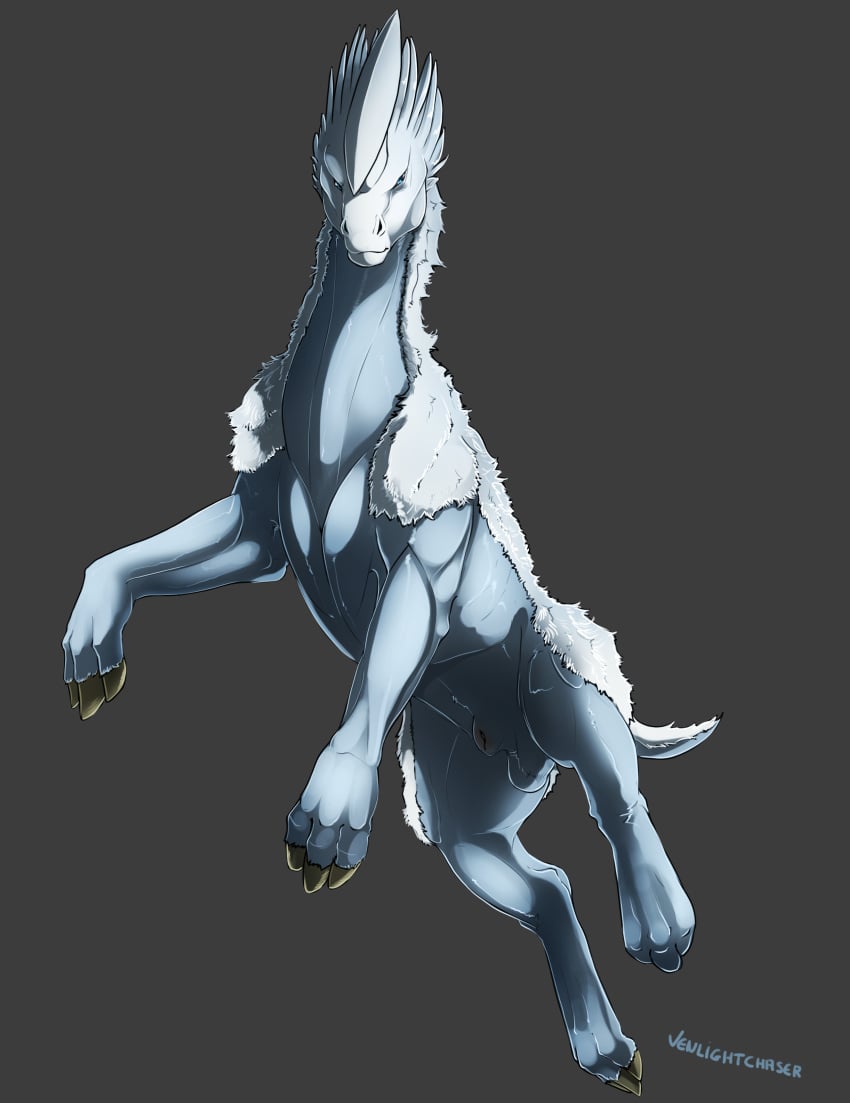 absurd_res alien animal_genitalia balls blue_body blue_eyes blue_fur cloven_hooves feral fully_sheathed fur genitals hi_res hooves horn male quadruped rimworld sheath short_tail solo tail thrumbo_(species) venlightchaser white_body white_fur