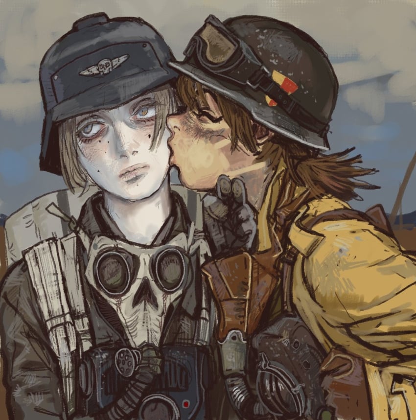 2d 2d_(artwork) 2d_artwork 2girls armageddon_steel_legion astra_militarum blonde_hair brown_hair closed_eyes cute death_korps_of_krieg gas_mask guardswoman_(warhammer_40k) helmet imperial_guard imperium_of_man kiss kissing mask mossa mossacannibalis mwah rolling_eyes smooch warhammer_(franchise) warhammer_40k wholesome yuri