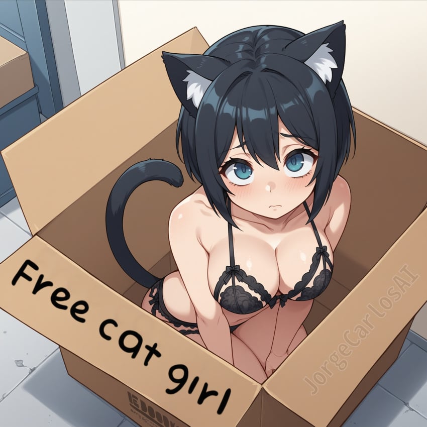 ai_generated animal_ears animal_tail big_breasts black_fur black_hair black_lingerie black_underwear blue_eyes blush blush_lines box breasts cardboard cardboard_box cat_ears cat_girl cat_humanoid cat_tail catgirl cleavage cute cute_expression cute_eyes cute_face cute_girl ear_fluff feline female female_focus female_only free free_use from_above from_above_view inside_box jorgecarlosai lingerie lingerie_only looking_at_viewer looking_up neko nekomimi short_hair tail thighs toned toned_female underwear underwear_only watermark