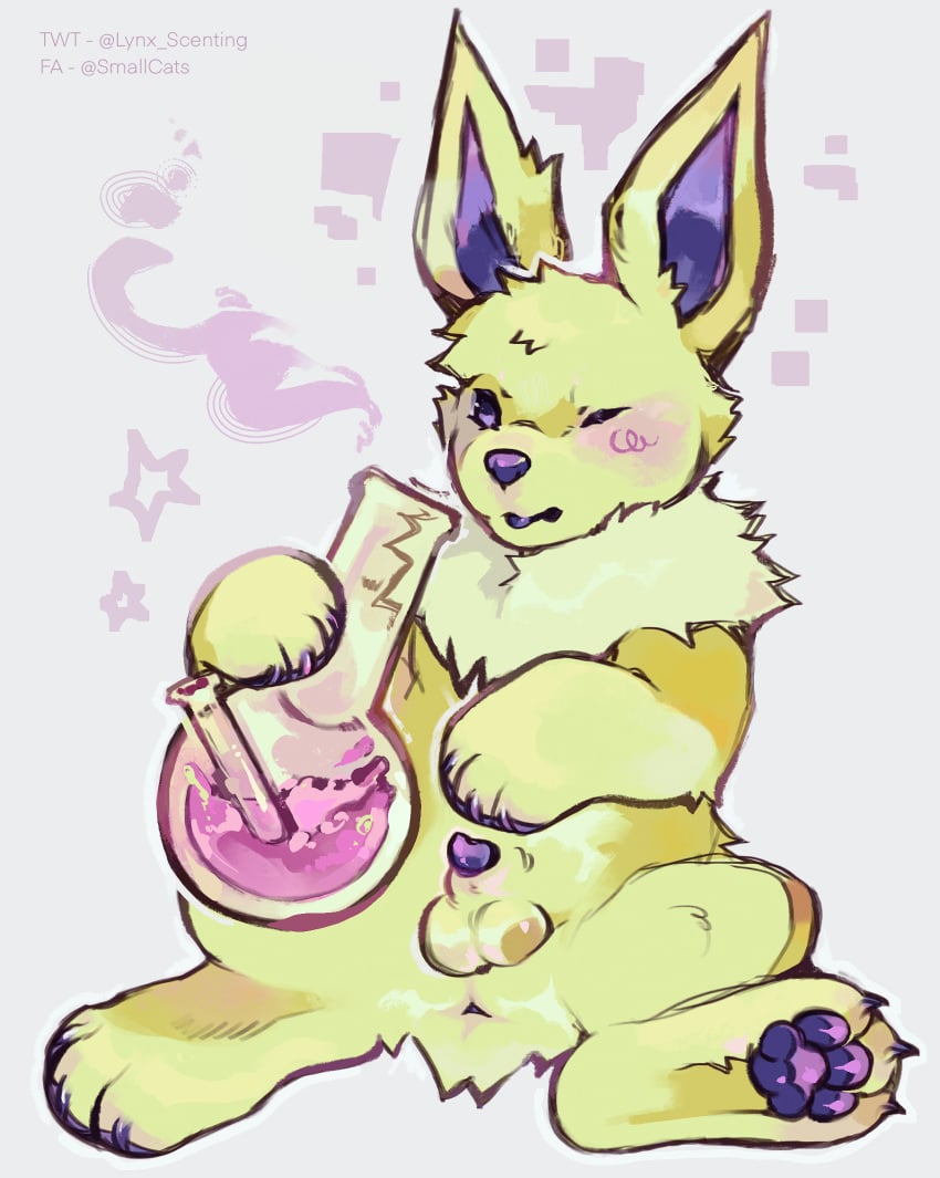 anatomically_correct anatomically_correct_genitalia anatomically_correct_penis animal_genitalia anus balls blush bong drugs eeveelution feral generation_1_pokemon genitals hi_res jera_(homolution) jolteon lynx_scenting male marijuana nintendo pawpads paws penis pokemon pokemon_(species) pokemorph purple_eyes purple_pawpads purple_paws purple_penis sheath small_penis smile smoking smoking_marijuana solo y_anus yellow_body