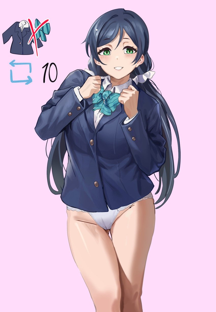 1girls bare_legs blue_hair difference green_eyes groin hair_ribbon long_hair looking_at_viewer love_live! panties pink_background ribbons school_uniform schoolgirl_uniform simple_background skirt_removed smile solo standing strip_game stripgame teeth thick_thighs thighs toujou_nozomi twintails underwear white_panties