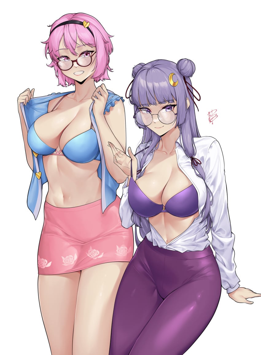 2girls artist_name bare_arms bare_shoulders black_hairband blue_shirt bra breasts cowboy_shot damobelmont double_bun floral_print grin hair_bun hair_ornament hairband heart heart_hair_ornament highres komeiji_satori large_breasts leggings looking_at_viewer miniskirt multiple_girls navel no_headwear open_clothes open_shirt pants patchouli_knowledge pencil_skirt pink_bra pink_eyes pink_hair pink_skirt purple_bra purple_eyes purple_hair purple_pants shirt short_hair simple_background skirt sleeveless sleeveless_shirt smile standing stomach thighs touhou underwear white_background white_shirt