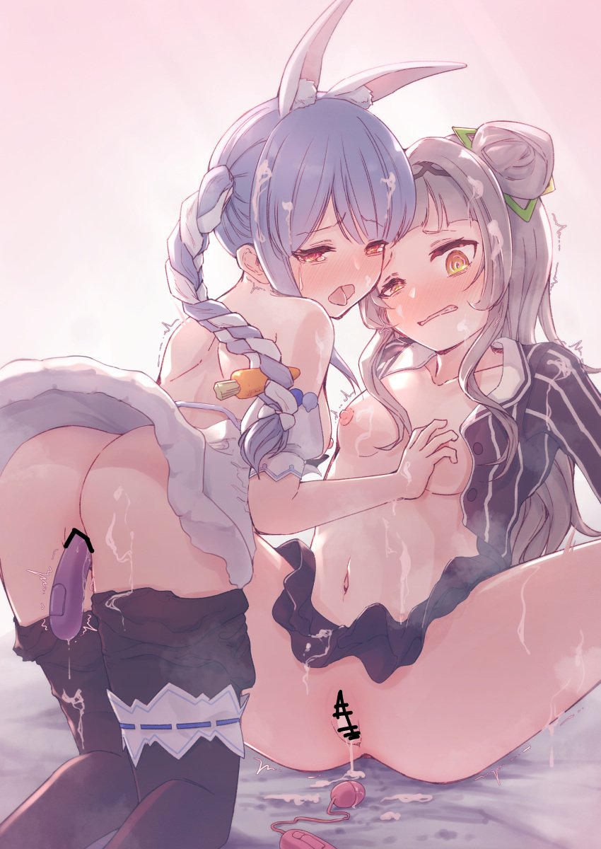 2girls absurdres animal_ear_fluff animal_ears bar_censor black_pantyhose blush braid breasts carrot_hair_ornament censored cum cum_in_pussy dildo dress food-themed_hair_ornament fur-trimmed_dress fur_trim gloves grabbing_another&#039;s_breast grey_shirt groping hair_bun hair_ornament highres hololive long_hair multiple_girls murasaki_shion murasaki_shion_(1st_costume) navel open_mouth pantyhose rabbit_ears rabbit_girl red_eyes sex_toy shirt short_eyebrows sideboob small_breasts striped_clothes striped_shirt tongue tongue_out twin_braids usada_pekora usada_pekora_(1st_costume) vertical-striped_clothes vertical-striped_shirt virtual_youtuber white_gloves yellow_eyes yoharu_tao yuri