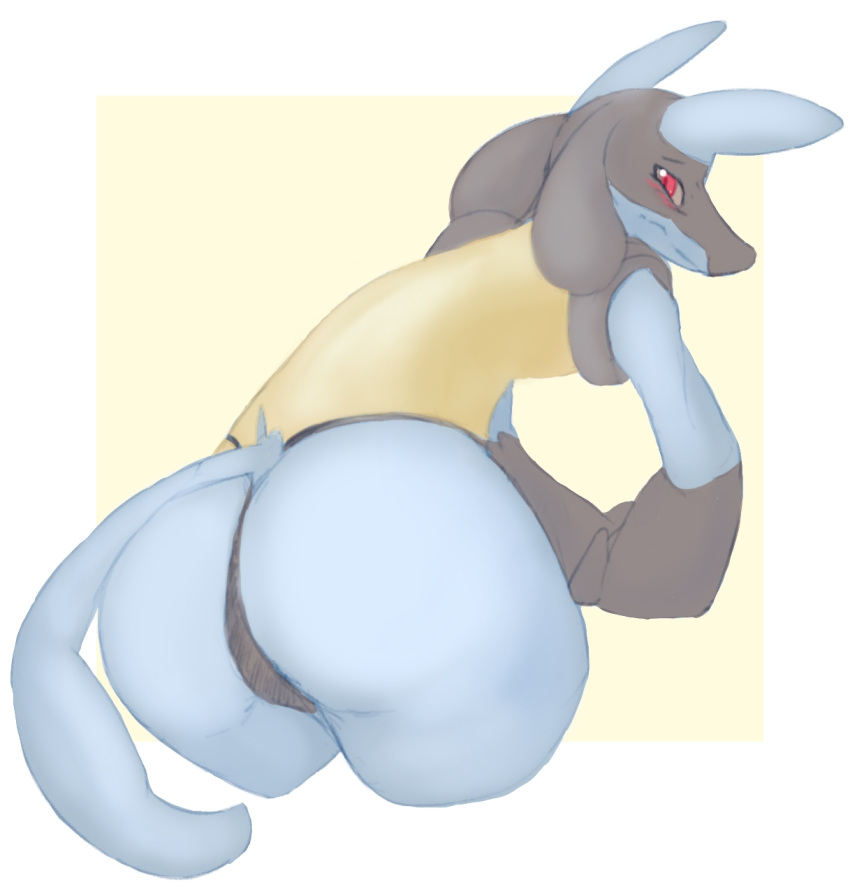 anthro ass background blue_body blue_fur fur generation_4_pokemon grey_body grey_fur hardscales hi_res leaning leaning_forward looking_at_viewer lucario male mouth_closed multicolored_body multicolored_fur nintendo pokemon pokemon_(species) presenting presenting_hindquarters red_eyes simple solo yellow_body yellow_fur