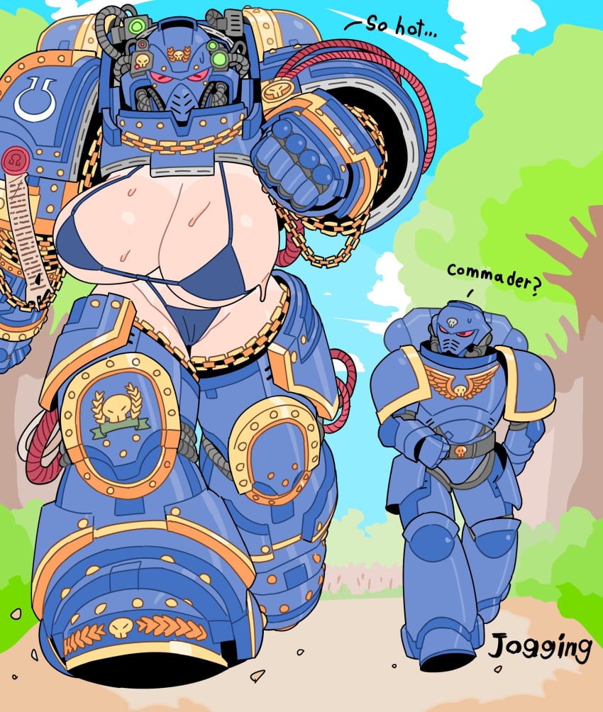 1boy 1girls adeptus_astartes artist_request big_breasts bigger_female dialogue english_text female_space_marine imperium_of_man power_armor purity_seal rule_63 space_marine tagme_(artist) taller_female taller_girl text ultramarines warhammer_(franchise) warhammer_40k