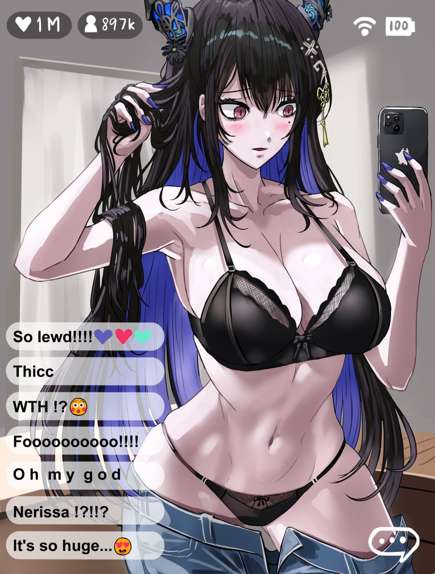 1girls black_hair blue_hair blush bra breasts cellphone chat cleavage hololive hololive_english horn kurenai_kenta kurenaikenta livestream long_hair mirror mirror_selfie nerissa_ravencroft panties pants pants_down red_eyes selfie solo underwear virtual_youtuber