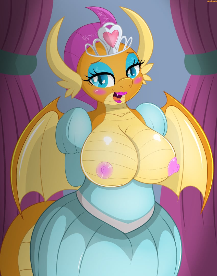 2018 absurd_res an-tonio anthro areola big_breasts blue_eyes breasts clothed clothing dragon exposed_breasts fangs female friendship_is_magic half-closed_eyes hasbro hi_res horn looking_at_viewer my_little_pony mythological_creature mythological_scalie mythology narrowed_eyes nipples non-mammal_breasts open_mouth scalie smolder_(mlp) solo tail teeth tongue wings