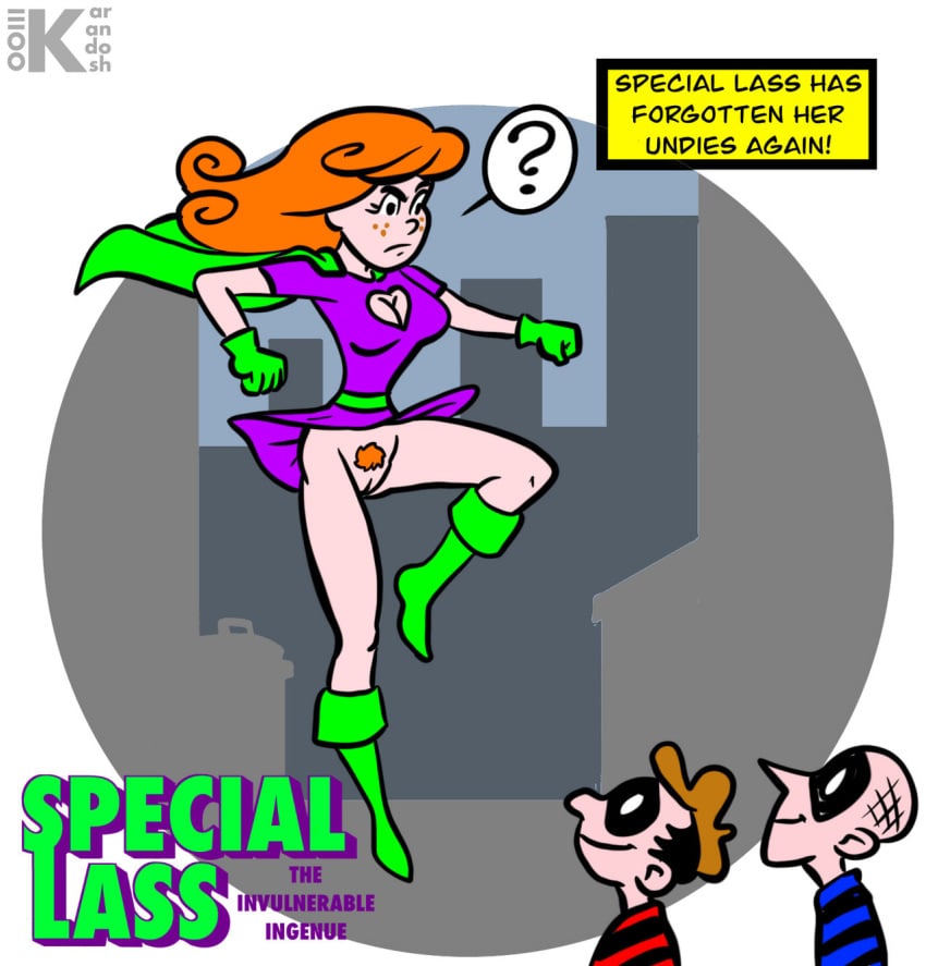 boob_window exposed_pussy female going_commando karandosh no_panties pubic_hair pussy red_hair skirt skirt_lift superhero superheroine unaware upskirt wardrobe_malfunction